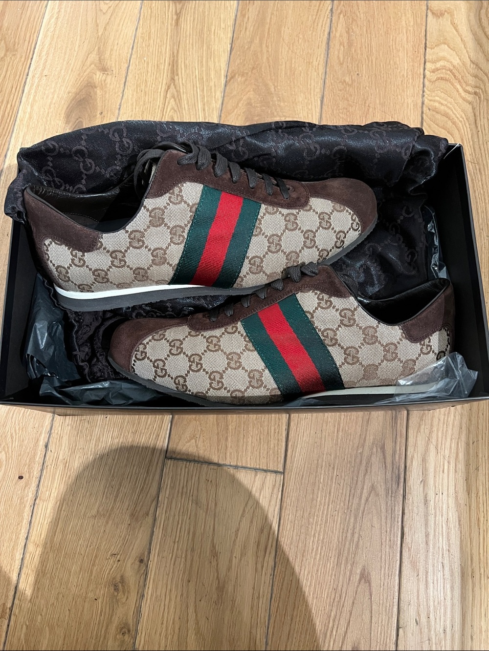 Gucci Brown GG Canvas Sneaker with Red & Green Web Stripe